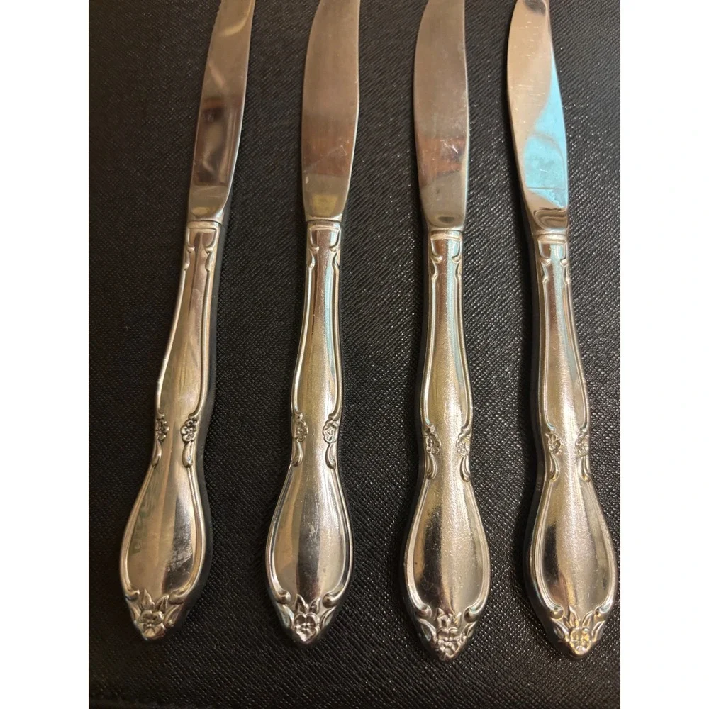Vintage Stainless Steel Floral Scroll Knives Set of 4 Mixed Dinner Steak Knives